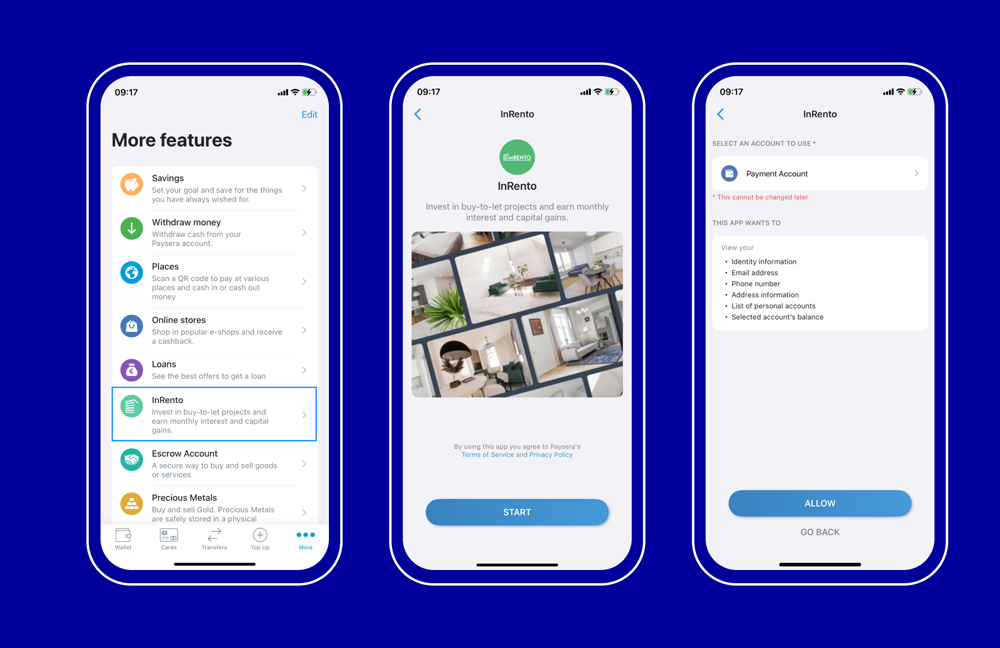 Step-by-step instructions on how to invest with InRento via the Paysera app.
