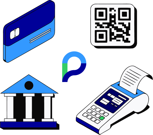 Paysera logo surrounded by payment icons for credit card, QR code, bank building, and point-of-sale terminal.