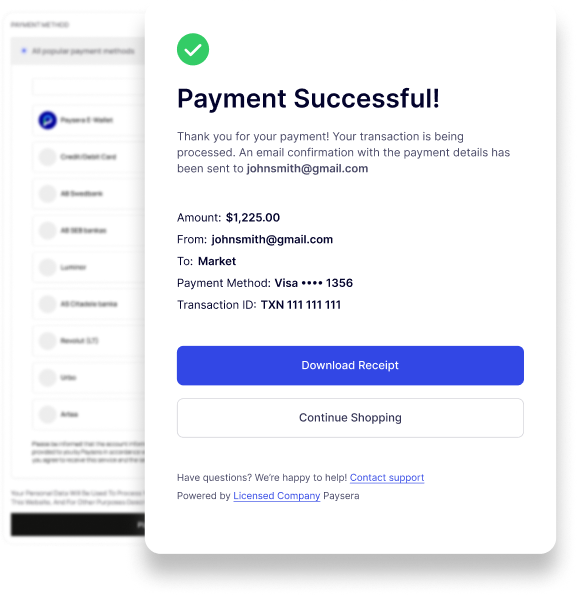 Paysera checkout interface showing a successful transaction summary card with a green checkmark.