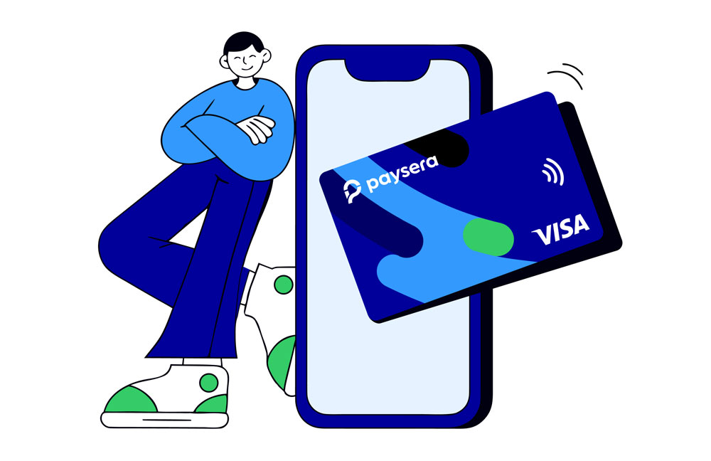 Asmuo remiasi į didelį išmanųjį telefoną, iš kurio ekrano kyšo skaitmeninė Paysera Visa kortelė — nemokama virtuali kortelė telefone.
